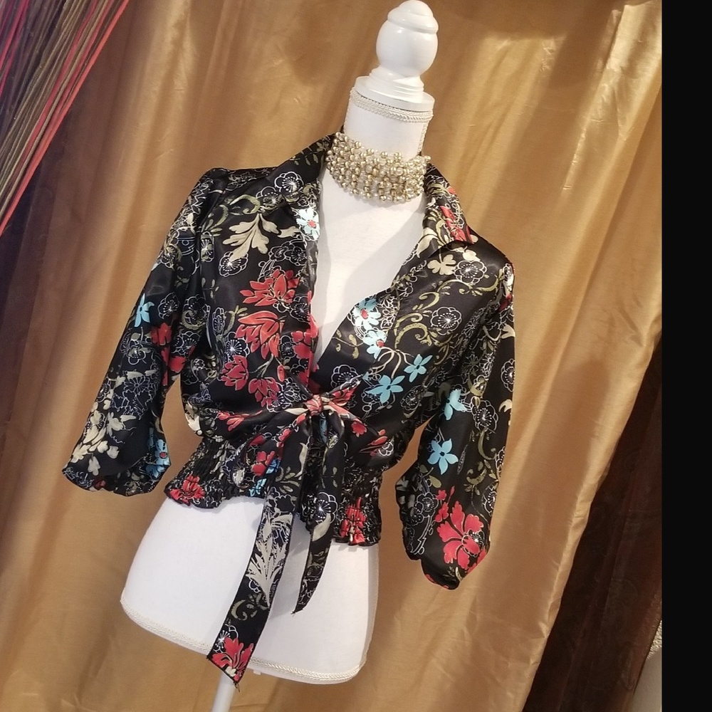 Floral Tie-Front Satin Crop Top - Black Multi